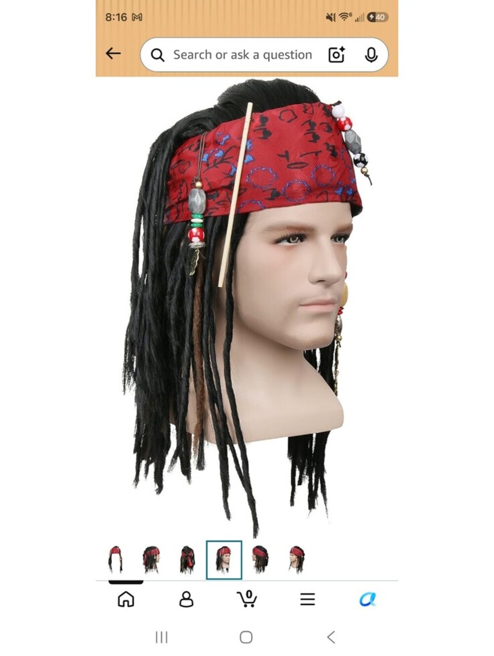 Pirate Costume Wig with Red Bandana and Beaded Dreadlocks